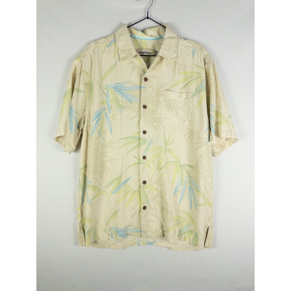 Tommy Bahama Camp Shirt Mens M Cream Silk Bamboo Leaf Print Hawaiian Button Up